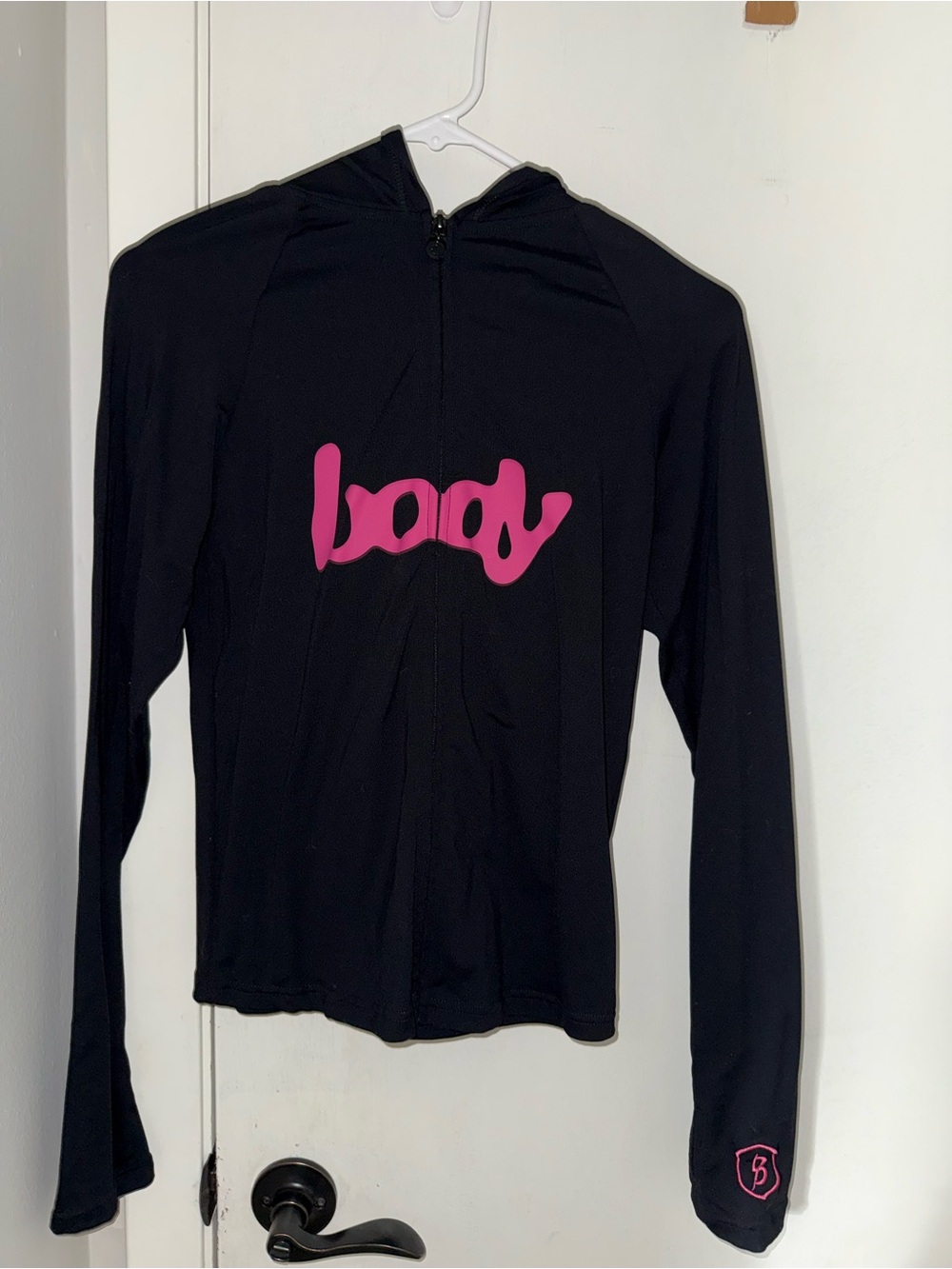 Body by Raven Tracey body basics 2.0 Black Hooded Long Sleeve Top with Pink Logo